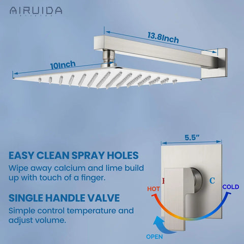 Shower Faucet Set For Bathroom Rain System With 10 Inch Brushed Nickel Wall Mount Shower Head SUS304 Stainless Steel Single Handle Valve Rough In Kit Male Thread Trim No Fuss Install
