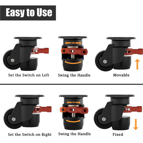 Heavy Duty Leveling Caster Wheels Set Of Four Premium Nylon Rollers Built Like A Tank showing easy-to-use adjustable caster wheel features.
