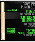 Detailed view of the 8 Piece Brass Punch Set For Pin Driving And Removal From One Eighth Inch To Five Sixteenths Inch Non Marring