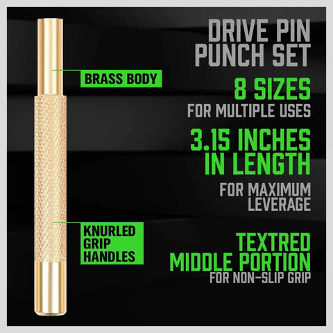 Detailed view of the 8 Piece Brass Punch Set For Pin Driving And Removal From One Eighth Inch To Five Sixteenths Inch Non Marring
