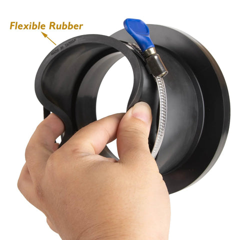 O'SKOOL 4-inch dust collection steel port with built-in rubber cuff; side view with rubber ring and metal clamp