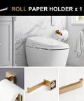 Slick Black And Brushed Gold toilet paper holder in modern bathroom from 5 piece hardware set