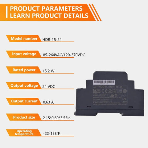 Ultra Slim DIN Rail Power Supply 24V 15W Compact Cabinet Adapter with detailed specifications for safe usage.