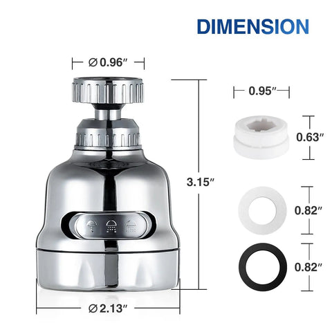 Dimensions and components of 360 Degree Rotating Faucet Aerator Attachment With 3 Mode Spray Pulse Sprinkler And Pulse Plus Sprinkler.