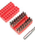 Built Tough 33 Piece Security Tamper Proof Bit Set With Torx T10 T15 Hex And Tri Wing Electric Screwdriver Bits Quarter Inch Magnetic Shanks Plus Extension Shaft For Drill Drivers Shop Essential, showing red storage holder with various screwdriver bits.