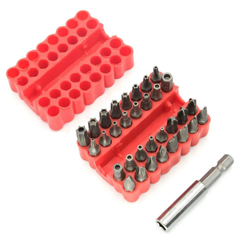 Built Tough 33 Piece Security Tamper Proof Bit Set With Torx T10 T15 Hex And Tri Wing Electric Screwdriver Bits Quarter Inch Magnetic Shanks Plus Extension Shaft For Drill Drivers Shop Essential, showing red storage holder with various screwdriver bits.