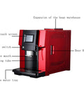 Game Changer 200 Watt Dual Boiler Automatic Coffee Machine With Dedicated Milk Frothing Unit and Adjustable Controls For Lightning Fast Espresso and Cappuccino Sips In Classic Red Finish side view showing LED touch screen, coffee mouth, and switch.