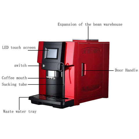 Game Changer 200 Watt Dual Boiler Automatic Coffee Machine With Dedicated Milk Frothing Unit and Adjustable Controls For Lightning Fast Espresso and Cappuccino Sips In Classic Red Finish side view showing LED touch screen, coffee mouth, and switch.