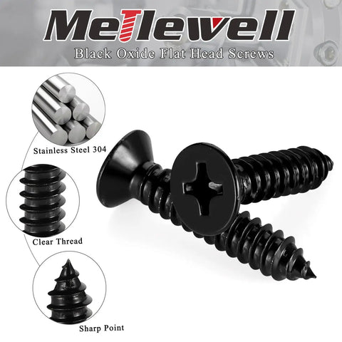 Hella Durable Number 10 X 1 Inch Flat Head Sheet Metal And Wood Screws, Black Stainless Steel 18 8 Corrosion Resistant Self Tapping Fasteners, Rock Solid 100 Pack Hardware For Serious DIY Projects in black oxide finish.