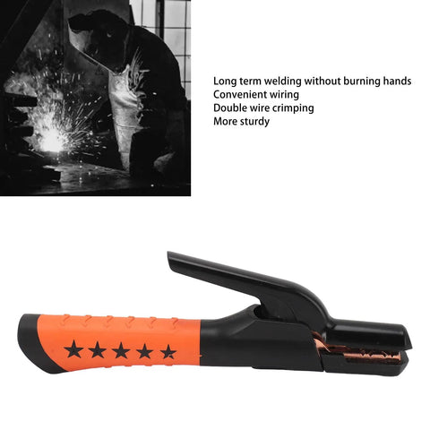 800A Heavy Duty Welding Electrode Holder Stinger Clamp for Stick Welding with copper jaws, black and orange handle, shown in side view