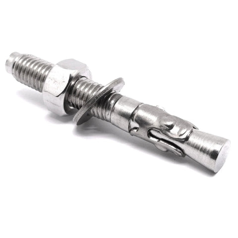 Close-up of One Half Inch By Three And One Half Inch Stainless Steel Wedge Concrete Anchors Heavy Duty Bolts For Cement A2-70