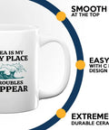 Morning Brew Sailor Coffee Mug 11oz White For Boaters And Sailors With Funny Lake Vibes Gift displaying text 'The Sea Is My Happy Place' with sturdy handle design.