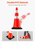 Eight Pack 30 Inch PVC Safety Cones With Reflective Collars And Black Weighted Bases for Traffic Control, showing flexibility of PVC material.