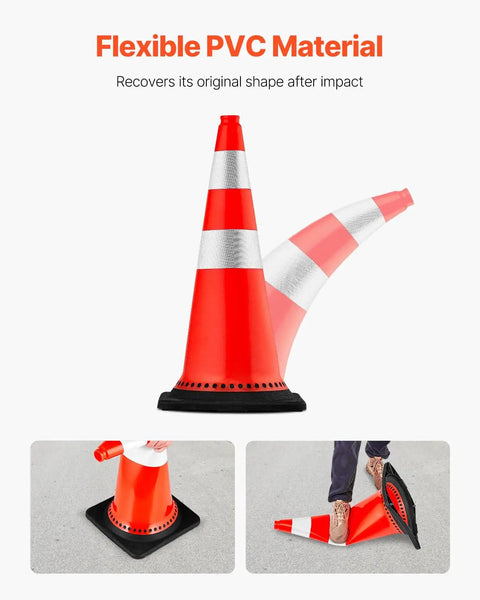 Eight Pack 30 Inch PVC Safety Cones With Reflective Collars And Black Weighted Bases for Traffic Control, showing flexibility of PVC material.