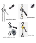 Heavy Duty 250Kg Mini Manual Lever Block Hoist Chain Lifter With 3 Meter Hook Height showing various hoist designs in aluminum and carbon steel.