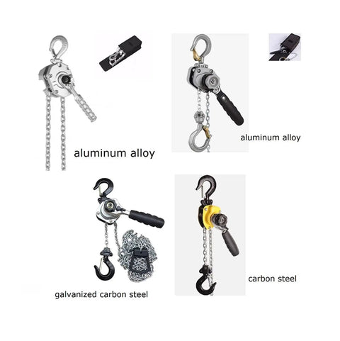 Heavy Duty 250Kg Mini Manual Lever Block Hoist Chain Lifter With 3 Meter Hook Height showing various hoist designs in aluminum and carbon steel.
