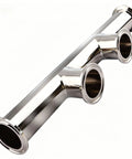 Polished 304 stainless steel tri-clamp manifold featuring three 1.5-inch ports for sanitary fitting