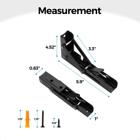 Measurements for Super Sturdy Matte Black Folding Shelf Brackets To Clear Your Clutter Fast including dimensions and included hardware.