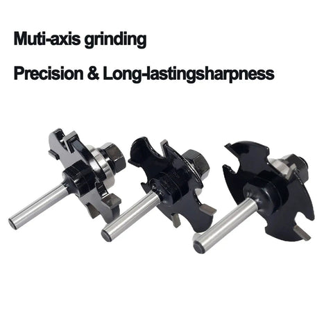 Three Piece Slot Cutter Router Bit Set with One Quarter Inch Shank Four Flute Nine Sixteenths Inch Cutting Depth Carbide Tip
