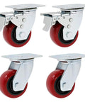Heavy Duty Swivel Casters That Glide Like Butter On Trolleys And Workbenches In This 4 Pack Set featuring red polyurethane wheels and chrome brackets.