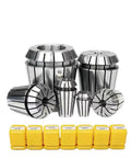 Precision Spring Collet Holder Set For Engraving CNC Milling And Lathe Tools 0.015mm Accuracy in various ER sizes with yellow caps.
