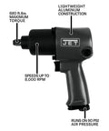 Half Inch Aluminum Impact Wrench With Feather Trigger, 680 Ft Lbs Torque, 8000 RPM, Lightweight Under 6 Pounds, Twin Hammer Drive