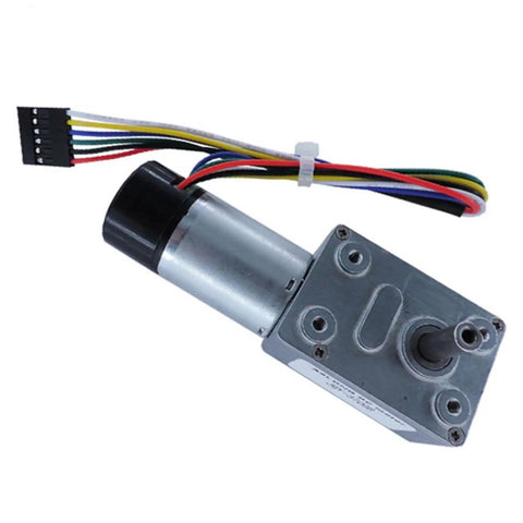 Top Tier JGY 370GB Worm Gear Motor With Encoded Output for custom robotics with wires and metal housing.