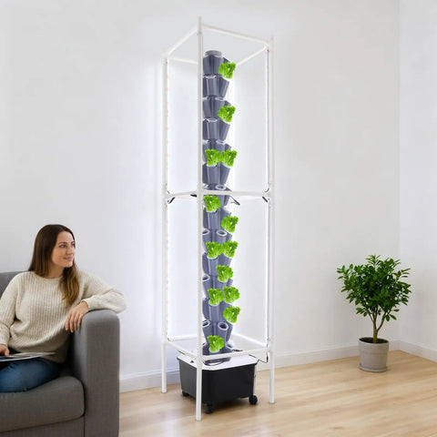 Vertical Hydroponic Garden Tower With 70 Pods And 14 Tiers, 8 LED Light Strips For Indoor Herb Growth in a living room setting