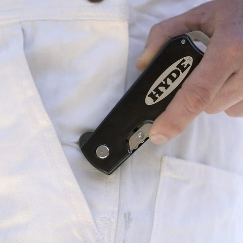 Dual Blade Folding Painter Tool Five In One Stainless Steel Multi Tool with Flexible Putty Knife in pocket close-up