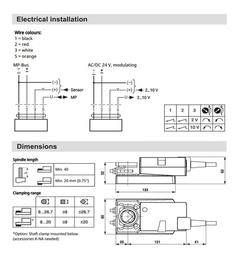 Heavy Duty Communicative Damper Actuator Nm24aMp electrical installation diagram with wiring details and dimensions