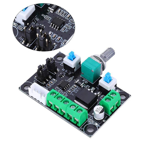 Front view of a stepper motor controller board with green screw-terminal blocks, blue jumpers, and a rotary knob on a black PCB