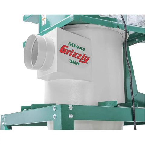 Close-up view of the Heavy Duty Three Horsepower Cyclone Dust Collector Workhorse with steel drum and outlet for air purification.