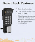 Smart Key Lock Box Wall Mount With Four Unlock Options Password App Bluetooth Wi Fi One Time Codes Remote Access Via Wi Fi Bridge Spare Key Safe For Home Airbnb Realtors Apartments And Stores, showcasing zinc alloy keypad and features on light blue background.