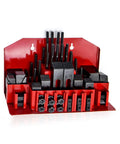 58 Piece Milling Machine Clamping Set Mill Clamp Kit with T Slot Nuts and Step Blocks on red rack