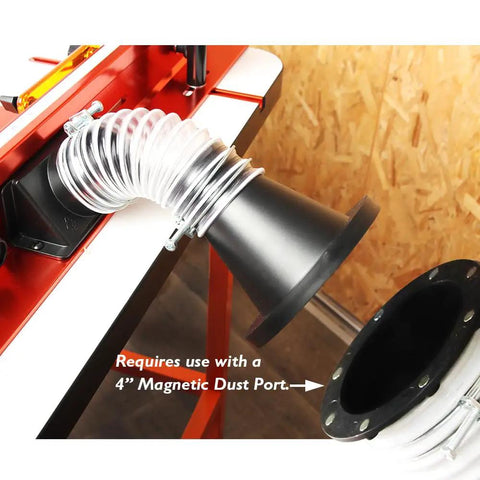 Killer Quality Two And One Half Inch Dust Collection Steel Ports Two Pack with secure hose clamps and fast connect hoses for magnetic adapters on a woodworking tool.