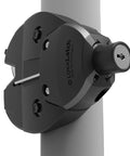 Heavy Duty Chain Link Fence Gate Latch For Round Posts With External Access Button installed on round post, showcasing adjustable design.