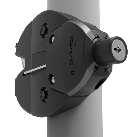 Heavy Duty Chain Link Fence Gate Latch For Round Posts With External Access Button installed on round post, showcasing adjustable design.