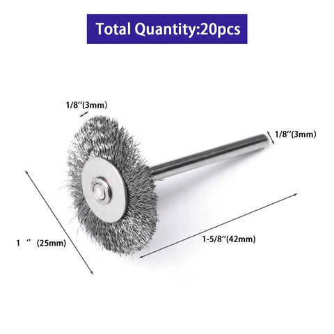 20 Pack Mini 1 Inch Wire Wheel Brushes With 1/8 Inch Round Shanks For Drill Attachments, Crimped Wire Wheel Set