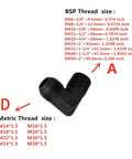 Heavy Duty Carbon Steel D Type Elbow Male Ball Joint Hydraulic Oil Pipe Fitting Forged Right Angle Connector Solid Build Garage Shop Top Shelf Fluid Line Replacement Parts Legit and built to last hard enough for your next big fix up job., black D type elbow fitting with BSP and metric thread sizes shown