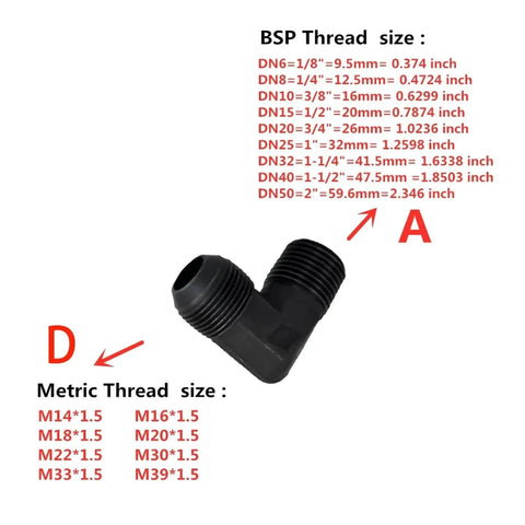 Heavy Duty Carbon Steel D Type Elbow Male Ball Joint Hydraulic Oil Pipe Fitting Forged Right Angle Connector Solid Build Garage Shop Top Shelf Fluid Line Replacement Parts Legit and built to last hard enough for your next big fix up job., black D type elbow fitting with BSP and metric thread sizes shown