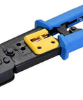 Pro Grade RJ45 Crimp Tool Pass Through Kit With 5 Replacement 8 Pin Blades for Cat5 Cat5e Cat6 Ethernet cables, shown with blue handles.