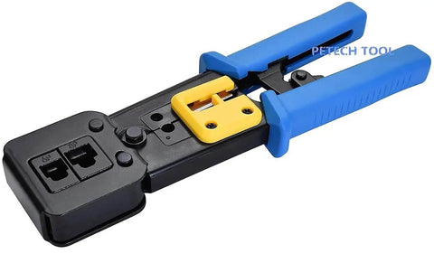 Pro Grade RJ45 Crimp Tool Pass Through Kit With 5 Replacement 8 Pin Blades for Cat5 Cat5e Cat6 Ethernet cables, shown with blue handles.