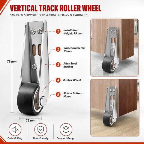 Vertical track roller wheel with alloy steel bracket and rubber wheel for sliding doors and cabinets, 79mm height, 25mm diameter.