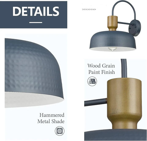Industrial Barn Light Sconces With Hammered Metal Shade Black Wall Lamps showing details of metal shade and wood finish