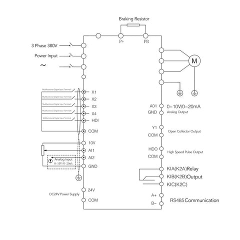 Three Phase VFD Motor Controller With 380V Input Output, 2.2KW Pro Grade Drive, Efficient ABS Shell, DIY Friendly Clear Digital Panel, Built In Overload Overheat And Voltage Protection, PID Precision Control For Smooth, Fast Motor Performance. wiring diagram with 380V input, motor, and RS485 terminals