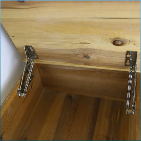 80 Degree Bench Seat Hinge Pair Heavy Duty Steel Cabinet Door Hardware For Toy Box Chest Lid Support installed on wood