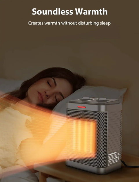 Heat Up Fast PTC Ceramic Space Heater With Thermostat 3 Modes No Fuss Compact Desk Heater providing soundless warmth to sleeping woman