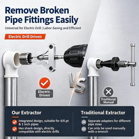 Comparison of Professional Grade Heavy Duty Broken Pipe Extractor Tool for electric drills vs traditional manual extractors.