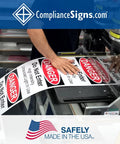 Vinyl Lift Here label decals with down arrows, 5x2 in, 4-pack, installed on industrial machinery