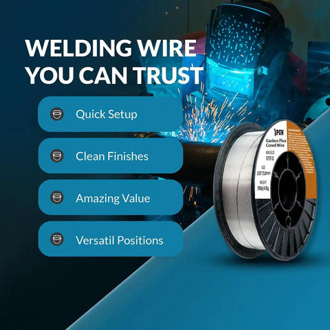Flux Core Welding Wire E71T11 0.030 Inch 10 Pound Spool Gasless Mild Steel, welding process in background